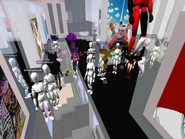 Avatars and visitors gathered inside a virtual art gallery for the Show Me Your Kitties Exhibit