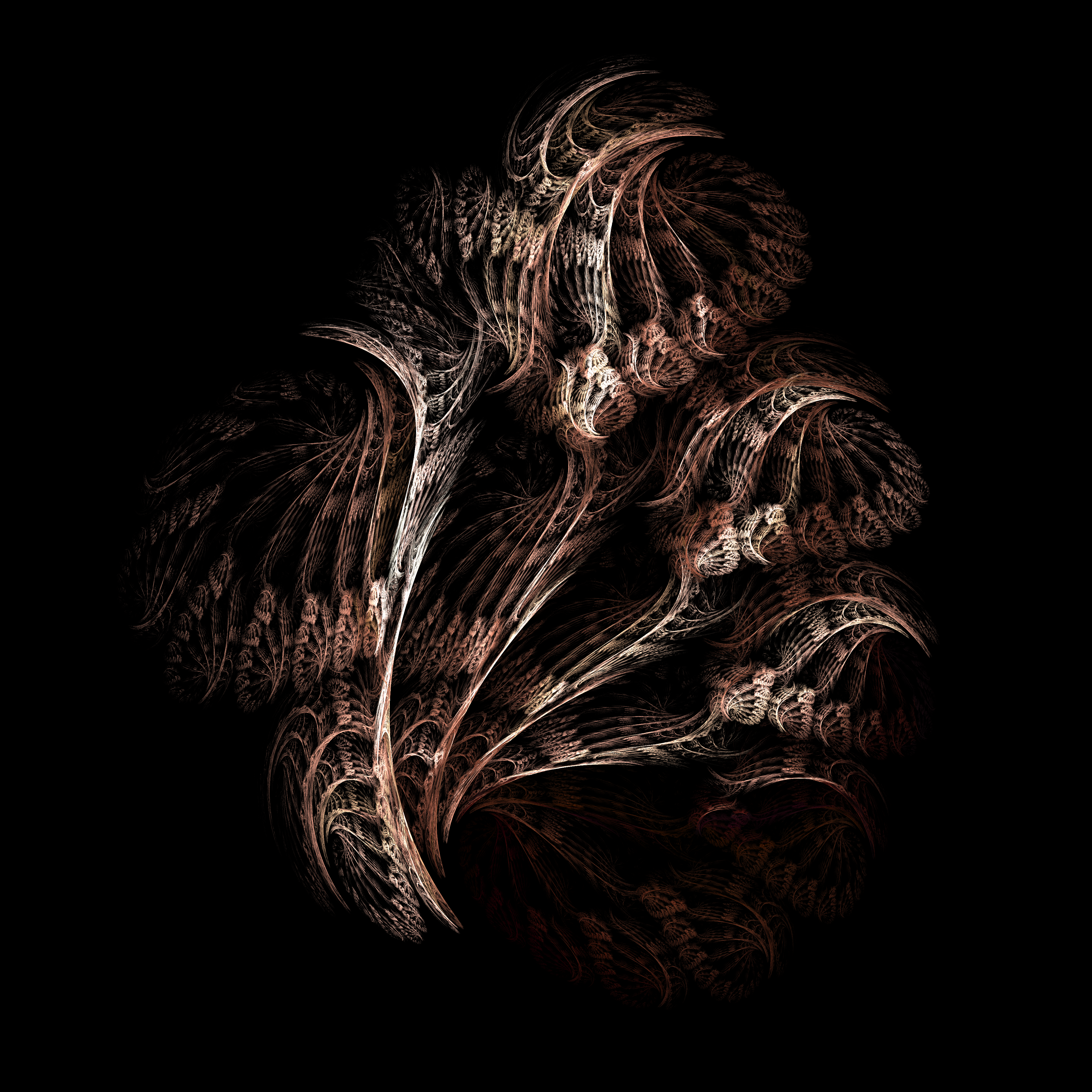 Fractal artwork resembling layered copper wings and feathers on black background