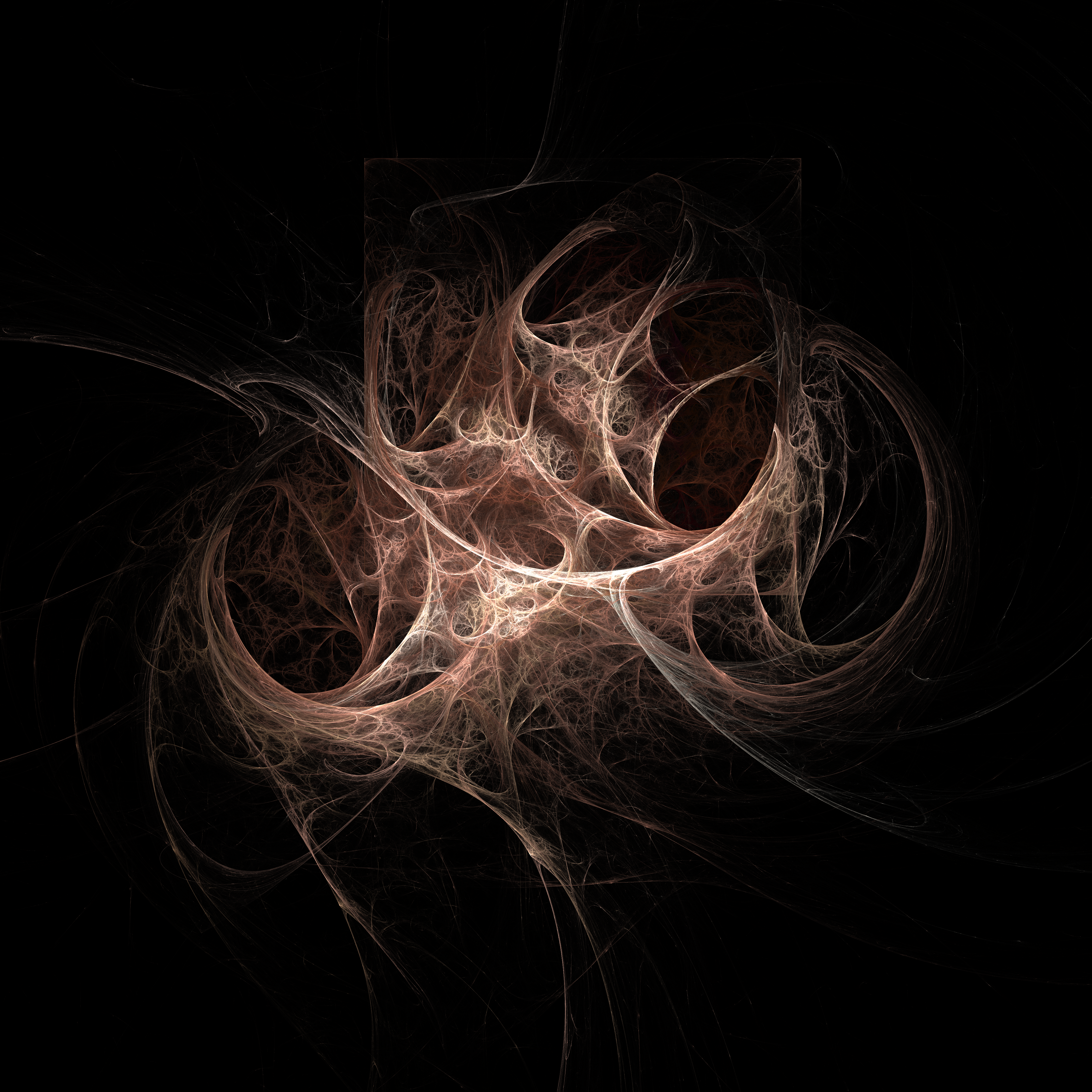 Fractal artwork with wispy copper and white swirling tendrils on black background
