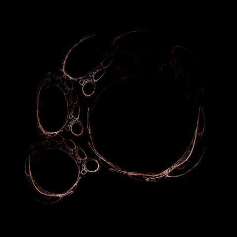Animated fractal of glowing copper rings and circles nested within each other on black background