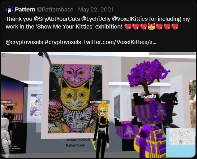 Screenshot of tweet from Patternbase thanking creators of Show Me Your Kitties exhibit