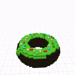 Spinning voxel wearable of a chocolate donut with green glaze and sprinkles