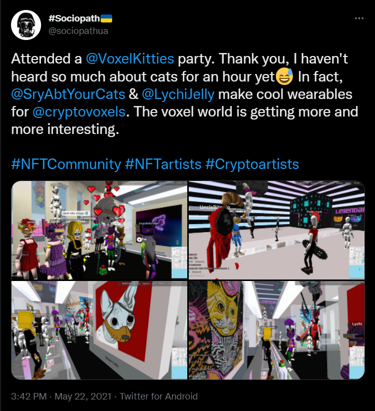 Screenshot of tweet about the Voxelkitties event with cat art and avatars