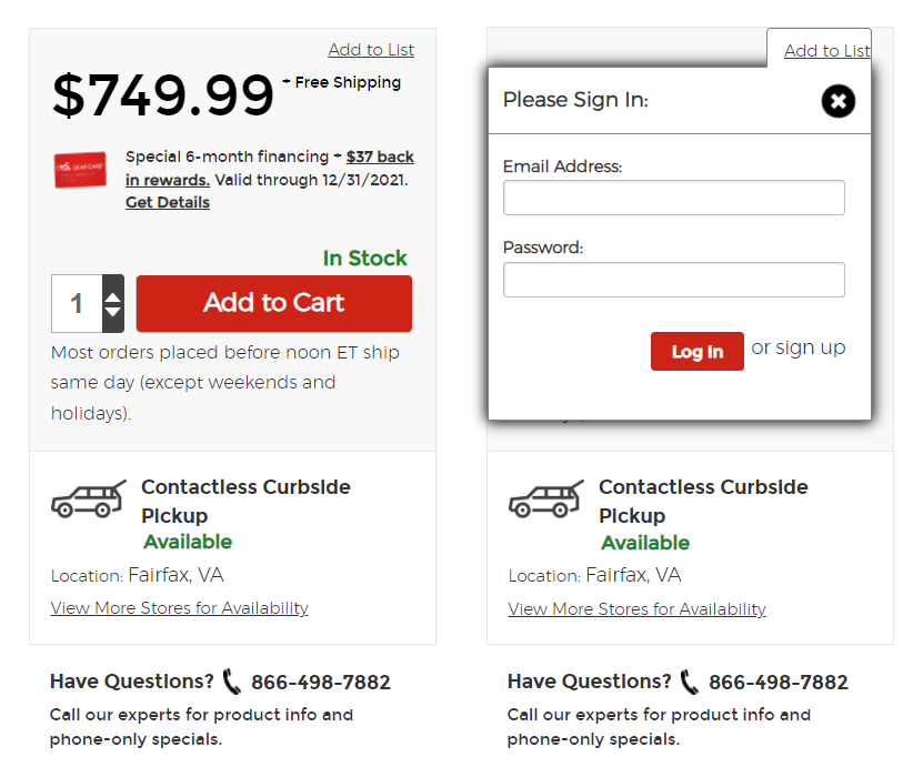 Screenshot of old add to list feature requiring a sign in