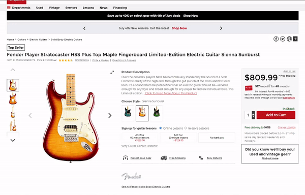 Animation of the Guitar Center product detail page showing the slow load time of the in-store pickup details