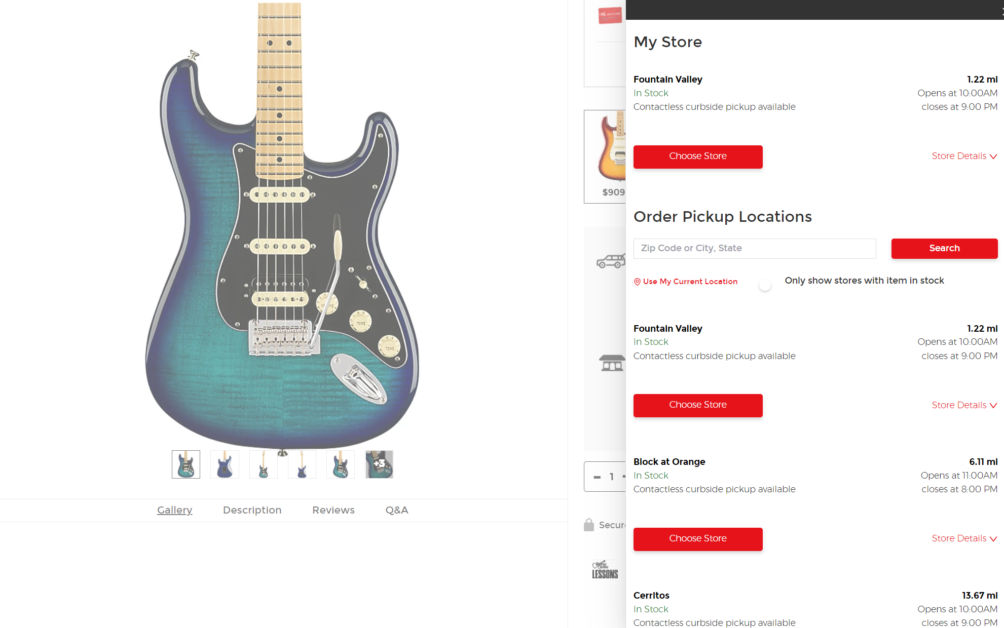 Guitar Center store locator on product page